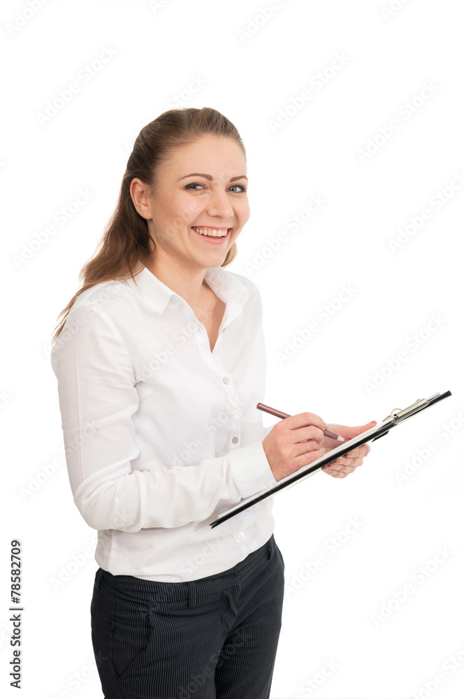 Young woman in a white shirt holds office papers Young woman in a white shirt holds office papers