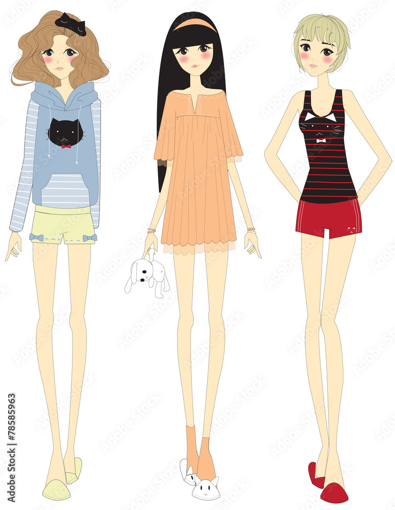 Stylish cartoon girls with cute clothings set, create by vector Stylish cartoon girls with cute clothings set, create by vector