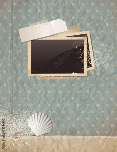 blue scrapbooking background with photos and shells on paper