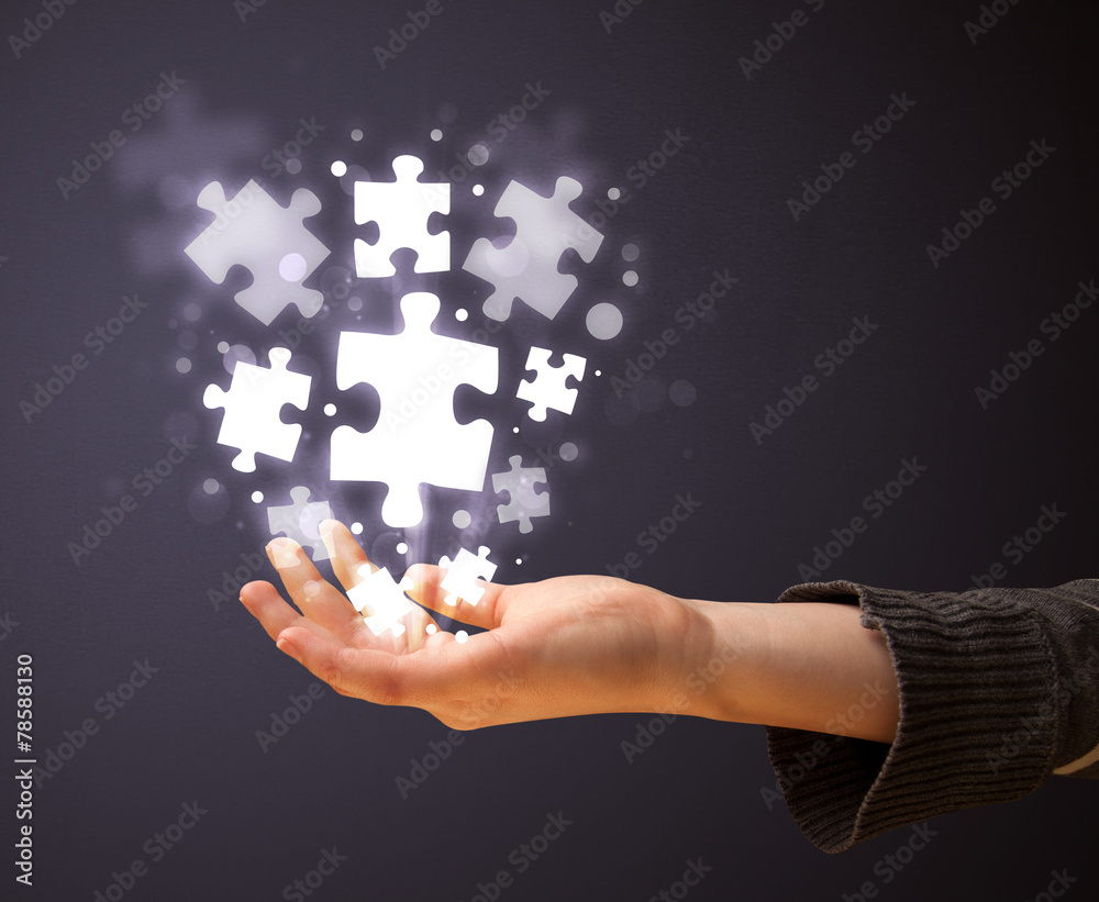 Puzzle pieces in the hand of a woman Puzzle pieces in the hand of a woman