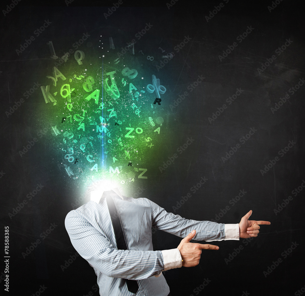 Business man with abstract glowing letters on head Business man with abstract glowing letters on head