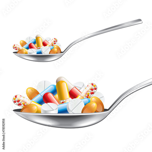 Spoon with medicines isolated on white vector