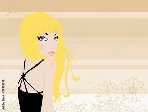 Blonde in black on a background of daisies honey