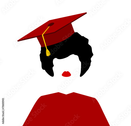female graduating with red cap and gown