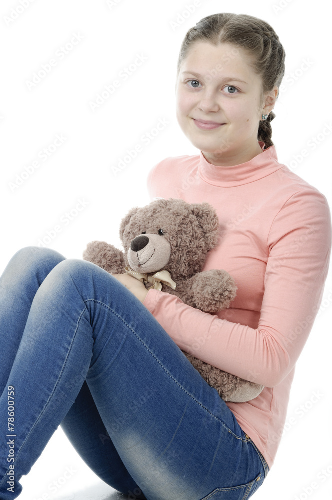 Portrait of pretty little girl holding teddy bear on white Portrait of pretty little girl holding teddy bear on white