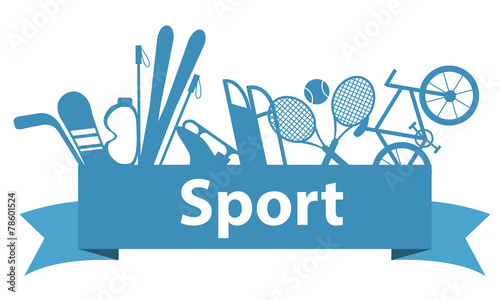 Sports and game equipment on a blue ribbon