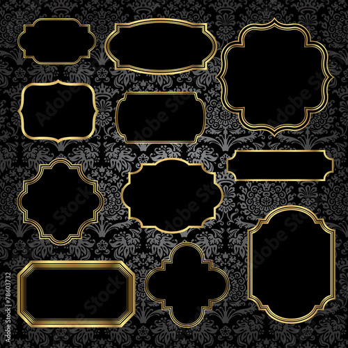 Gold Vintage Frames on Damask Background