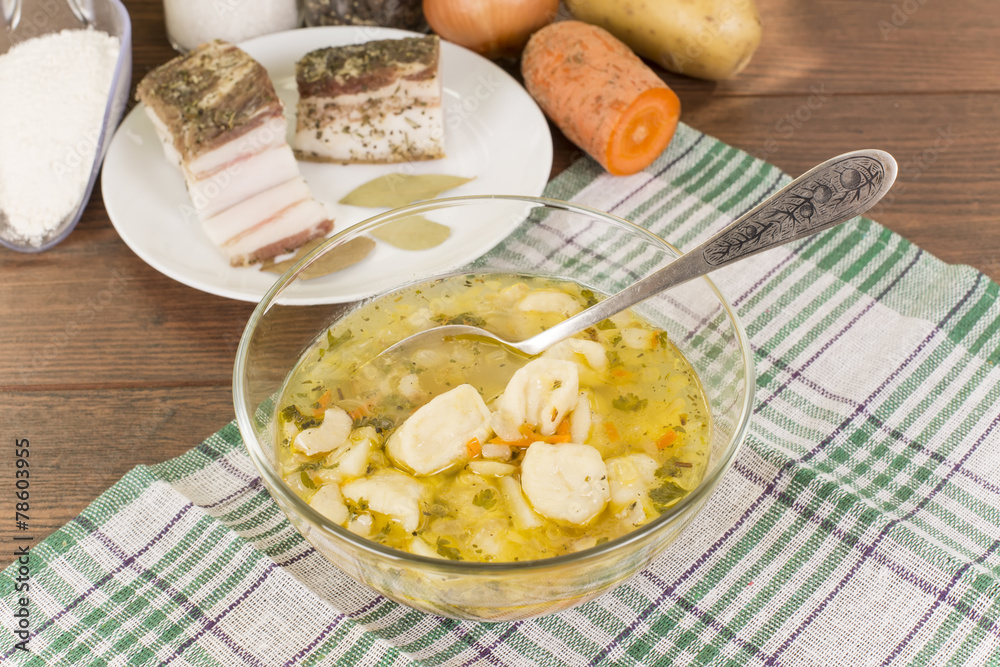 soup with dumplings and ham