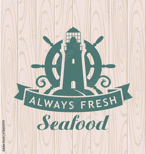 banner for seafood with a lighthouse and a steering wheel