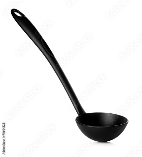 black kitchen ladle isolated on white photo