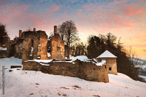 Ruin of a castle on a winter evening, Slovakia.