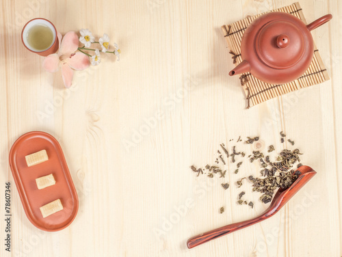 tea set on a wooden table photo