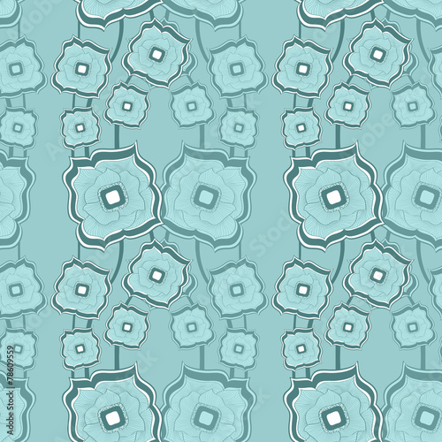 Seamless pattern with Abstract doodle square flowers blue