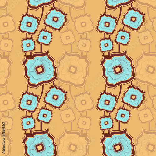 Seamless pattern with Abstract doodle square flowers blue beige