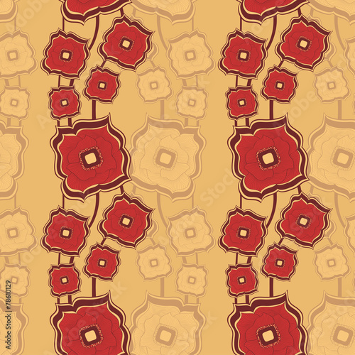 Seamless pattern with Abstract doodle square flowers red beige