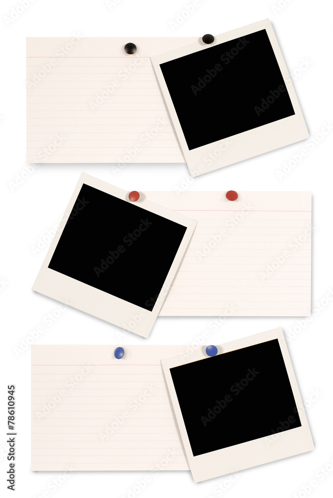 Blank polaroid style photo frame prints with office index cards isolated on white background Blank polaroid style photo frame prints with office index cards isolated on white background