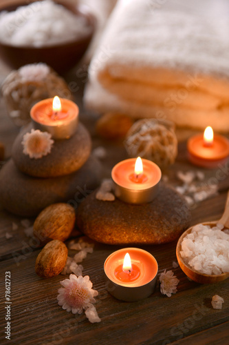 Composition of spa treatment on wooden background