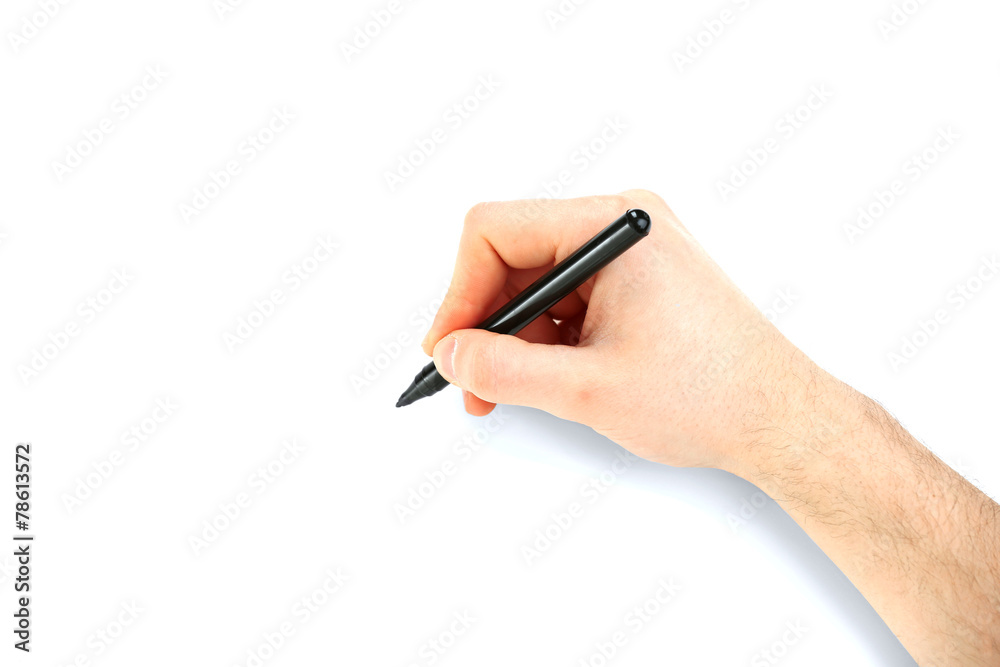 Male hand with black marker isolated on white