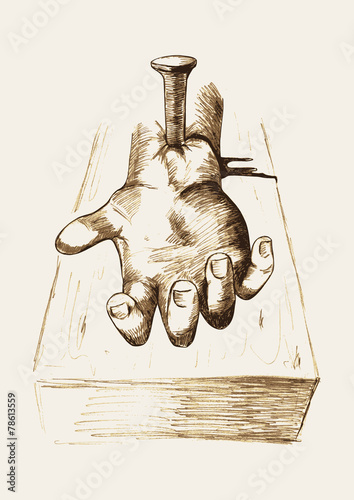 Sketch illustration of hand nailed on cross