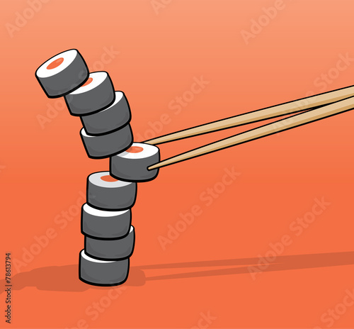 Chopsticks taking a middle roll of a sushi tower