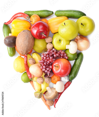 Fresh assorted fruits and vegetables isolated on white