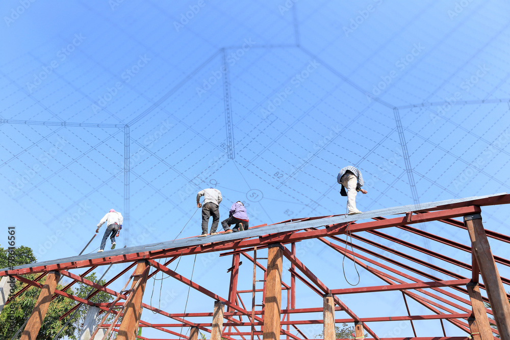 labor working in construction site for roof prepare