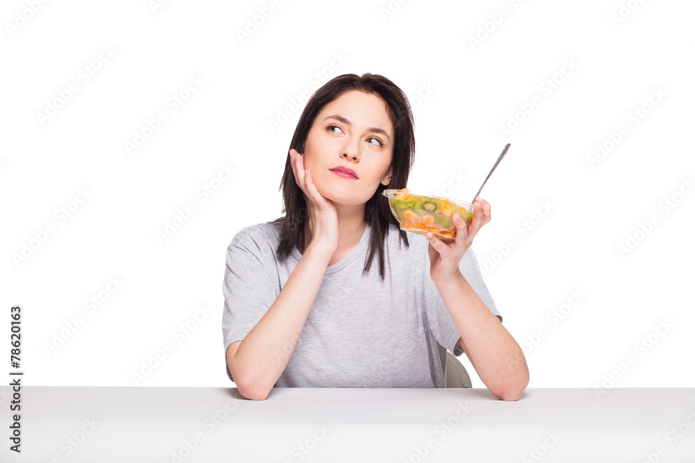 natural beautiful young woman heaving a healthy fruit meal, isol natural beautiful young woman heaving a healthy fruit meal, isol