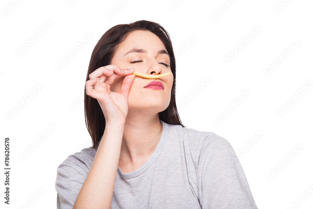 picture of woman with fruits and hamburger in front on white bac picture of woman with fruits and hamburger in front on white bac