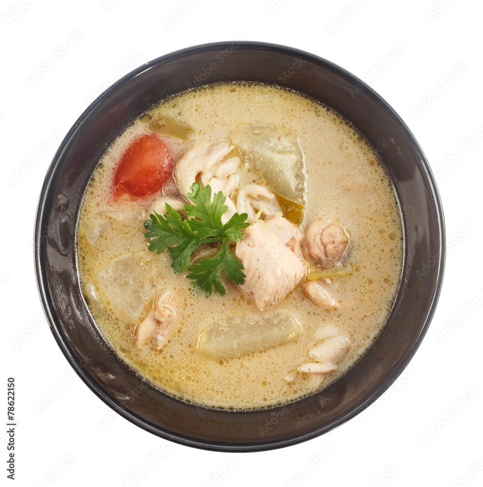Top view of Thai food - chicken and galangal in coconut milk sou