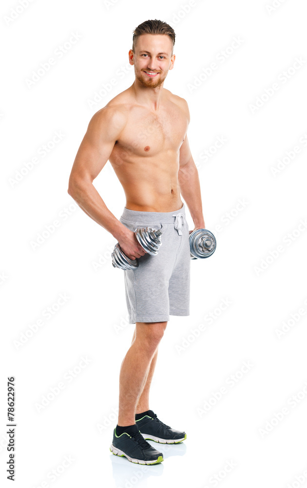 Sport man with dumbbells on the white Sport man with dumbbells on the white