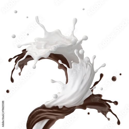 mixed chocolate milkshake drink splashing isolated on white