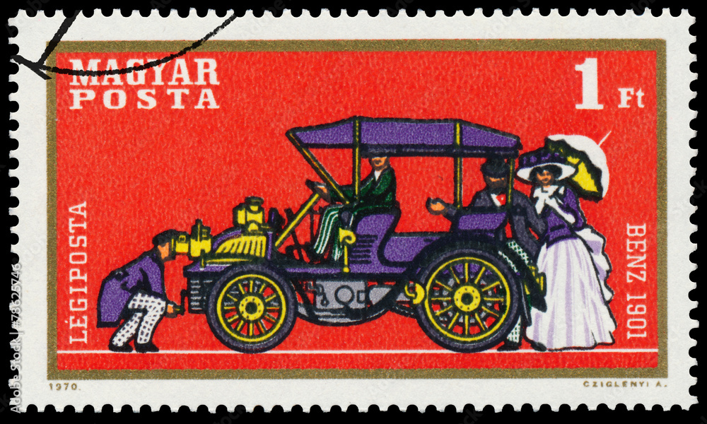 Stamp printed by Hungary shows automobile Benz