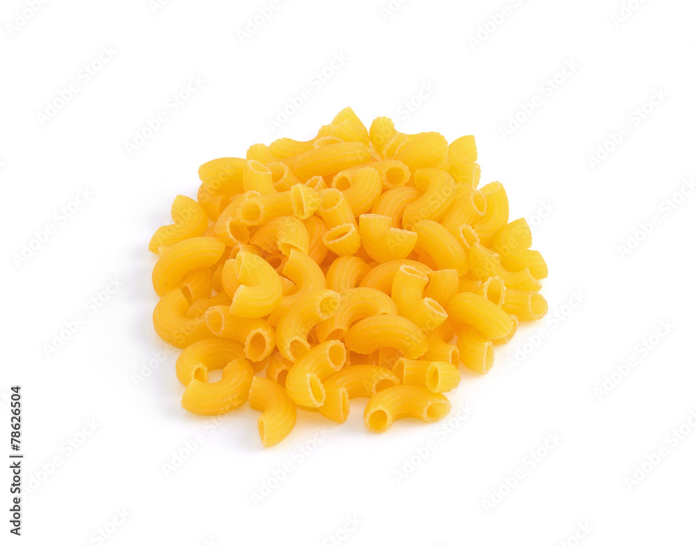 Raw Elbow Macaroni (Gomiti Pasta) Isolated on White Background Raw Elbow Macaroni (Gomiti Pasta) Isolated on White Background