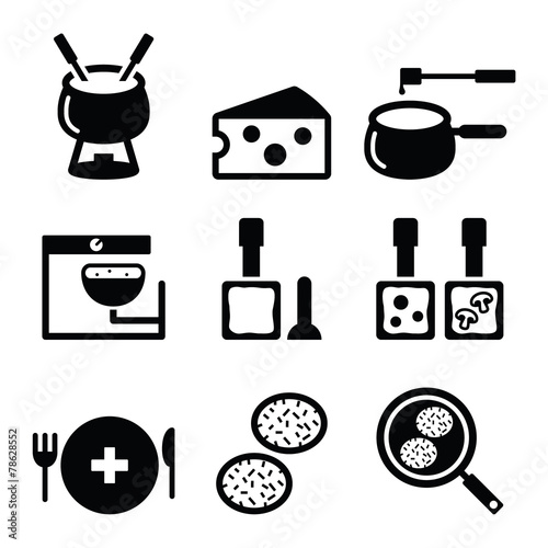 Swiss food and dishes icons - fondue, raclette, rösti, cheese