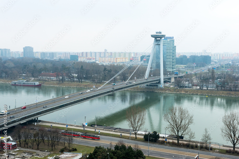 Obraz premium Skyline of Bratislava with Bridge of the Slovak National Uprisin
