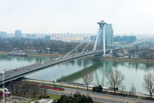 Skyline of Bratislava with Bridge of the Slovak National Uprisin
