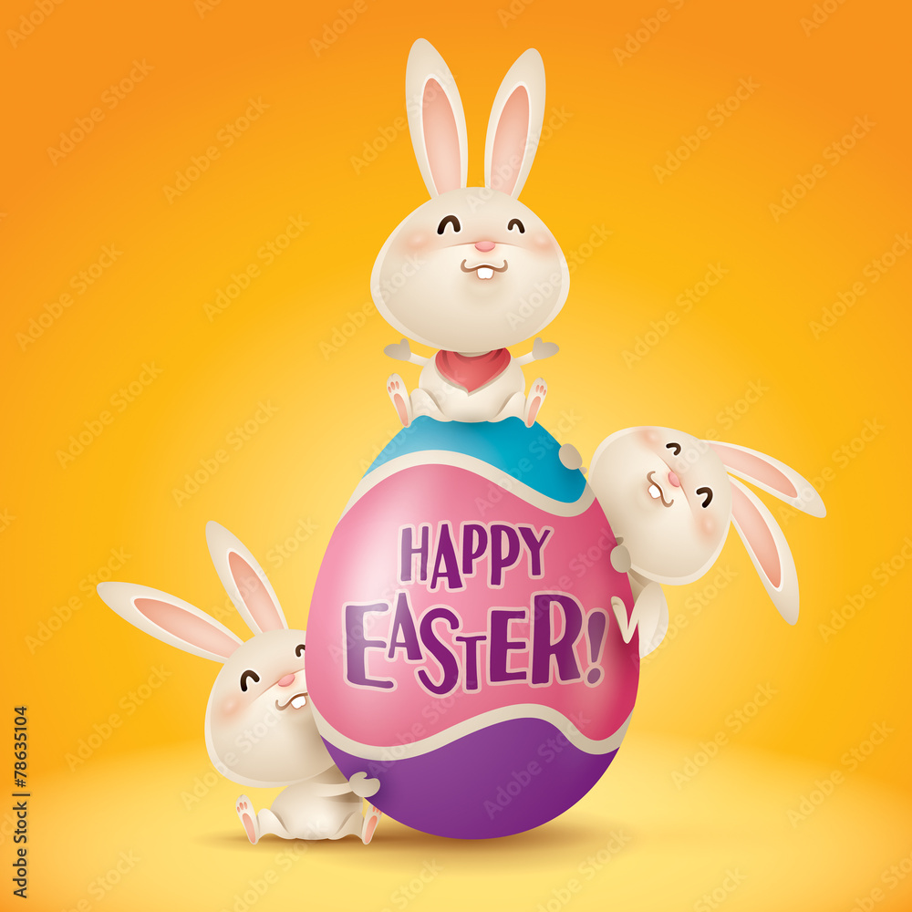 Happy Easter! Easter bunnies and egg in plain background. - obrazy, fototapety, plakaty 