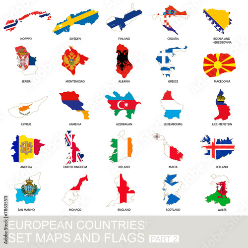 European countries set, maps and flags