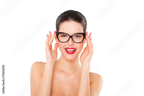 Attractive sexy smiling woman wearing fashionable glasses
