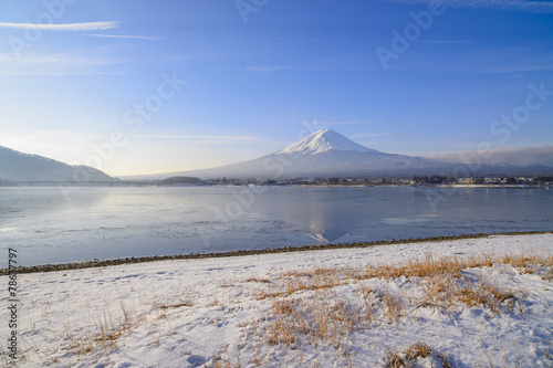 Very fantastic scenery Mount Fuji on Lake Kawaguchiko was iced