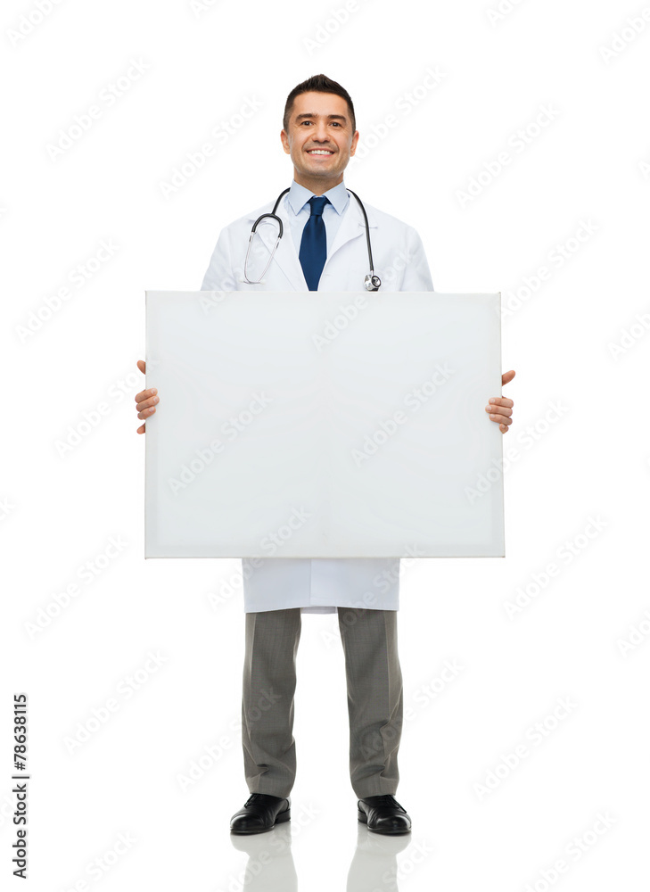 smiling male doctor holding white blank board smiling male doctor holding white blank board