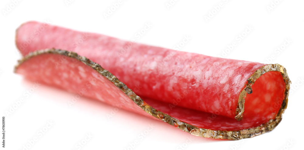 Slice of salami isolated on white background Slice of salami isolated on white background