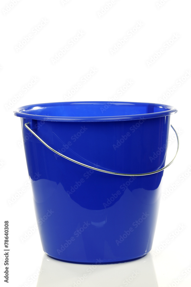empty blue plastic household bucket on a white background empty blue plastic household bucket on a white background
