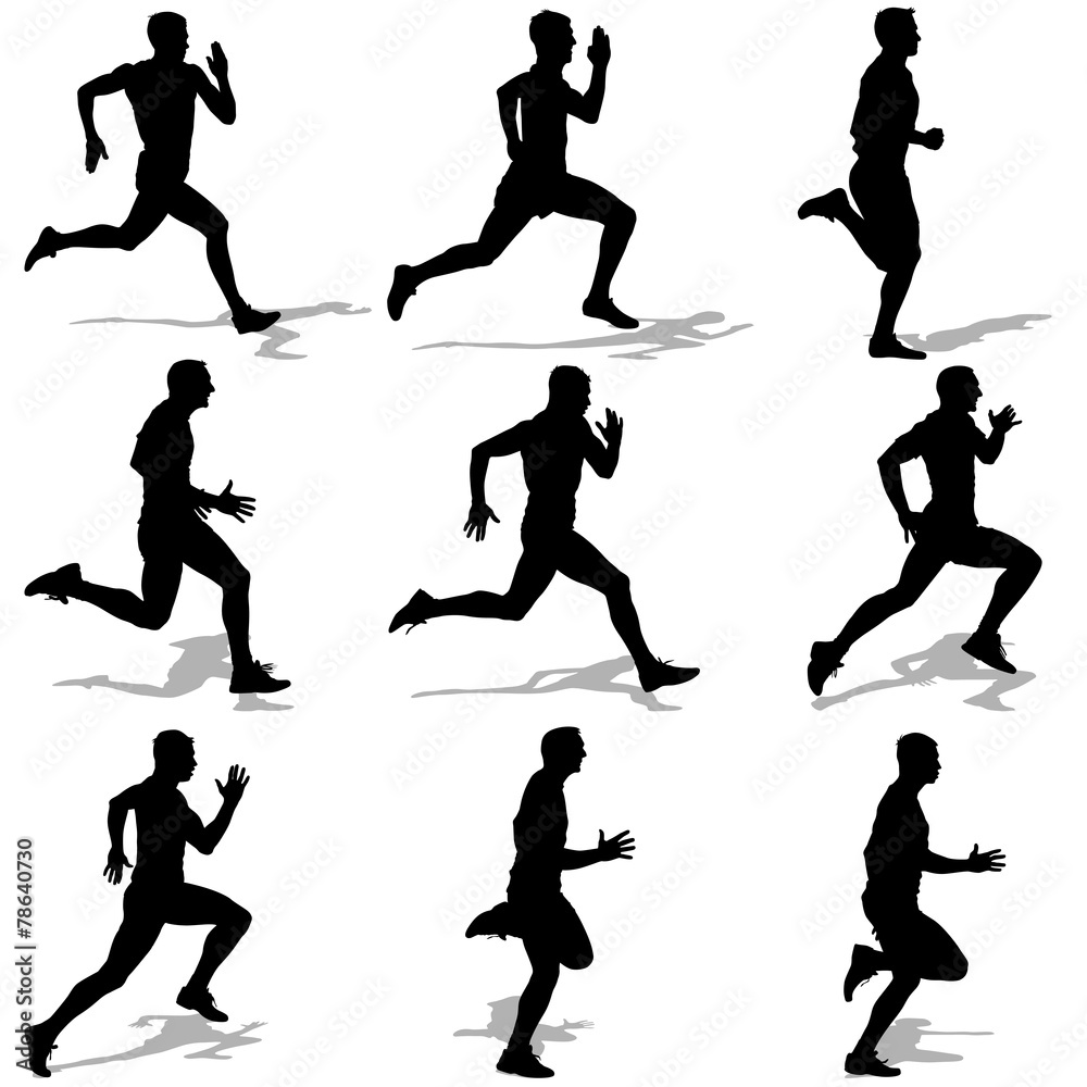 Set of silhouettes. Runners on sprint, men.