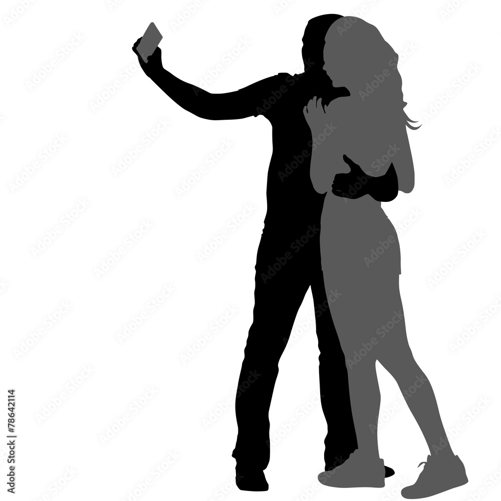 Silhouettes  man and woman taking selfie with smartphone on whit