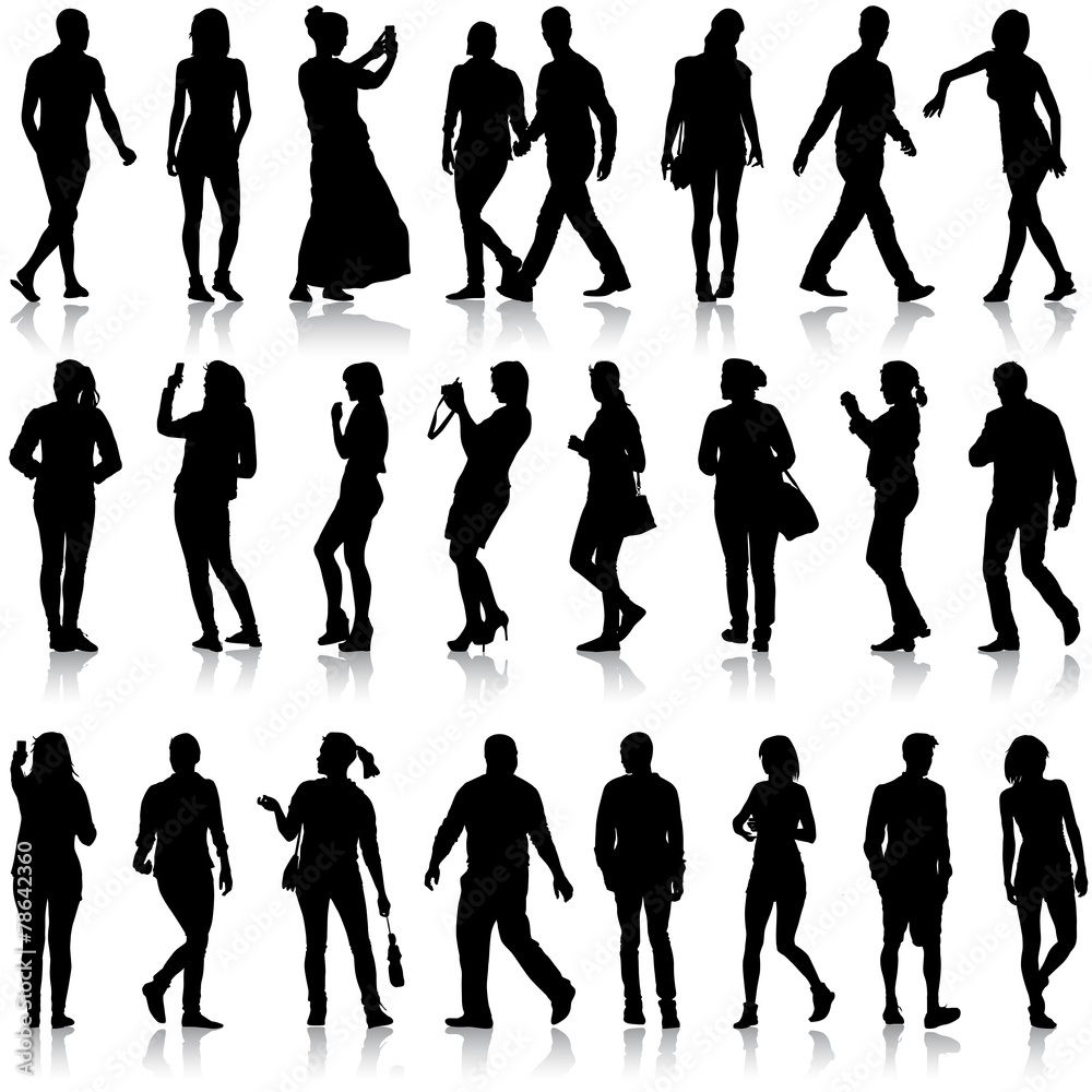 Black silhouettes of beautiful mans and womans on white backgrou Black silhouettes of beautiful mans and womans on white backgrou