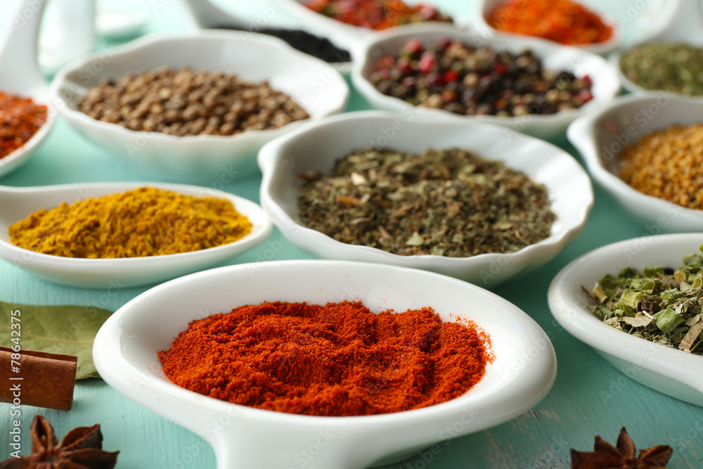 Different kinds of spices in ceramics spoons, close-up, Different kinds of spices in ceramics spoons, close-up,
