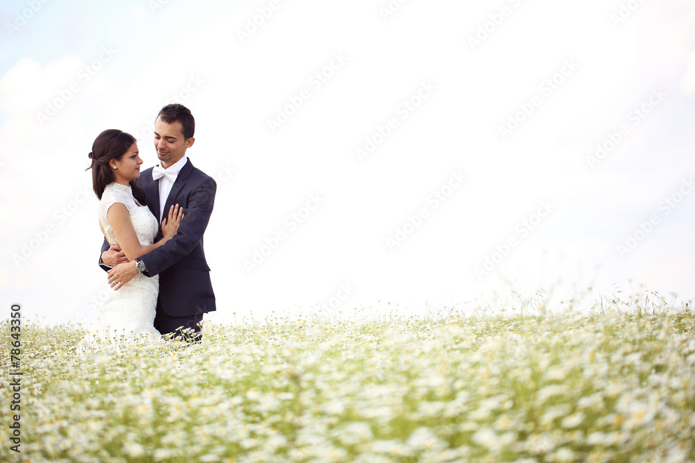 Bride and groom posing in the fields Bride and groom posing in the fields