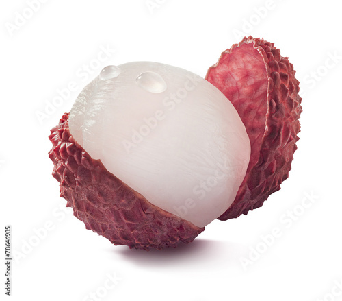 Single open lychee isolated on white background