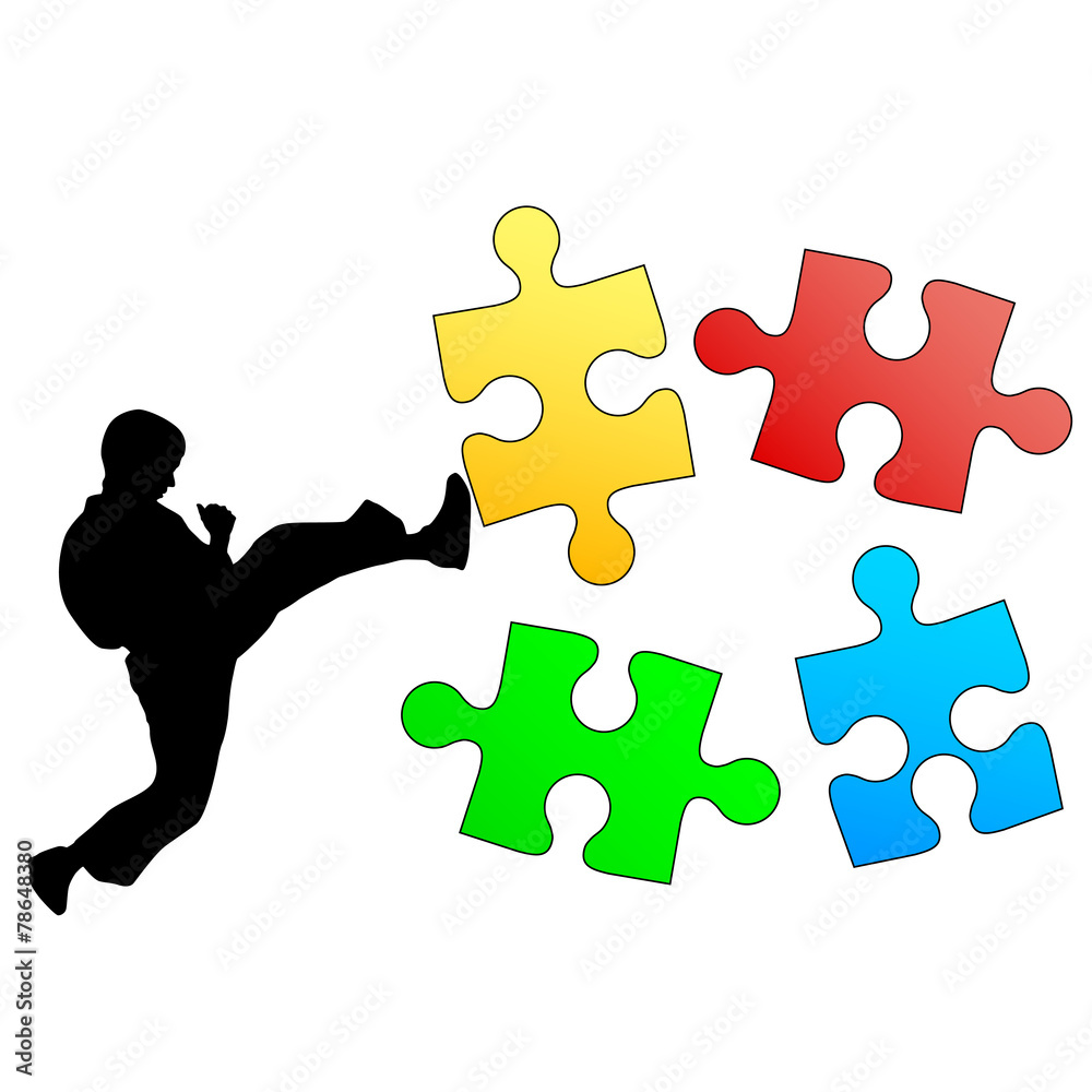 Jigsaw puzzle silhouette of karate breaks leg. Vector illustrati Jigsaw puzzle silhouette of karate breaks leg. Vector illustrati